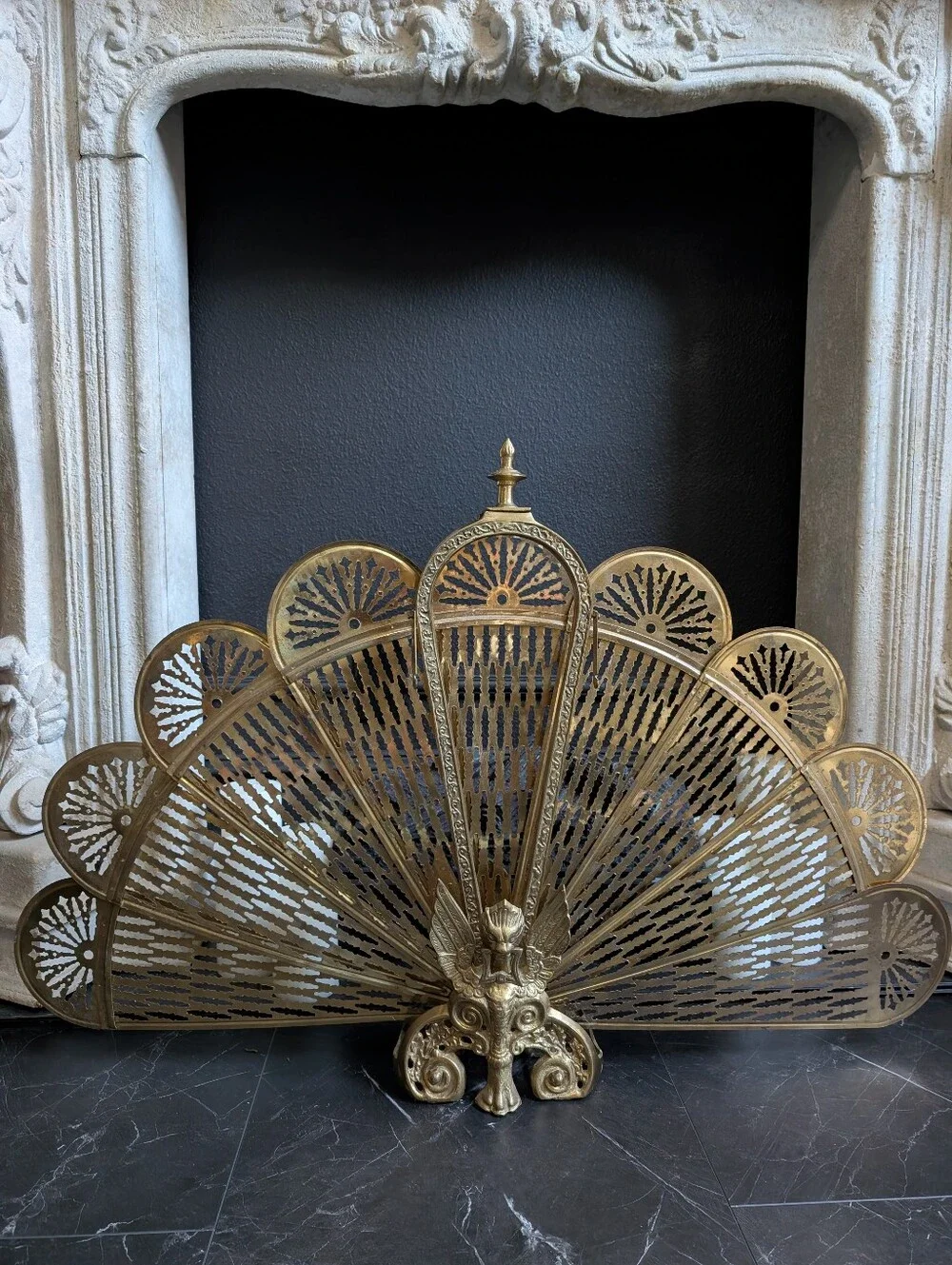 Vintage Solid Brass Griffon Peacock fireplace screener Art Deco Statement Decor